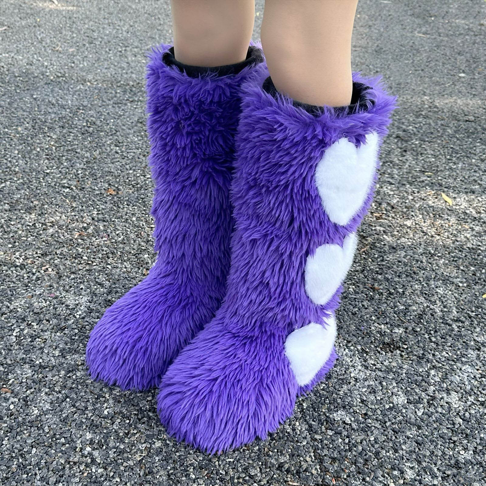 Xfvqtps Womens Plush Furry Snow Boots Knee High with Heart Decor