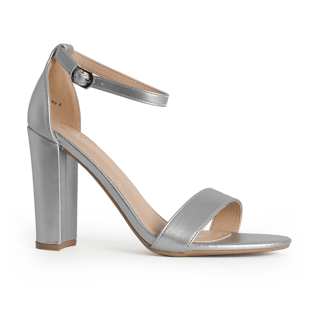 Amazon.com | LALA IKAI Women's Rhinestones Strappy Heels Slip On Block  Chunky Sandals Round Toe Silver Mules Party Office Shoes | Heeled Sandals