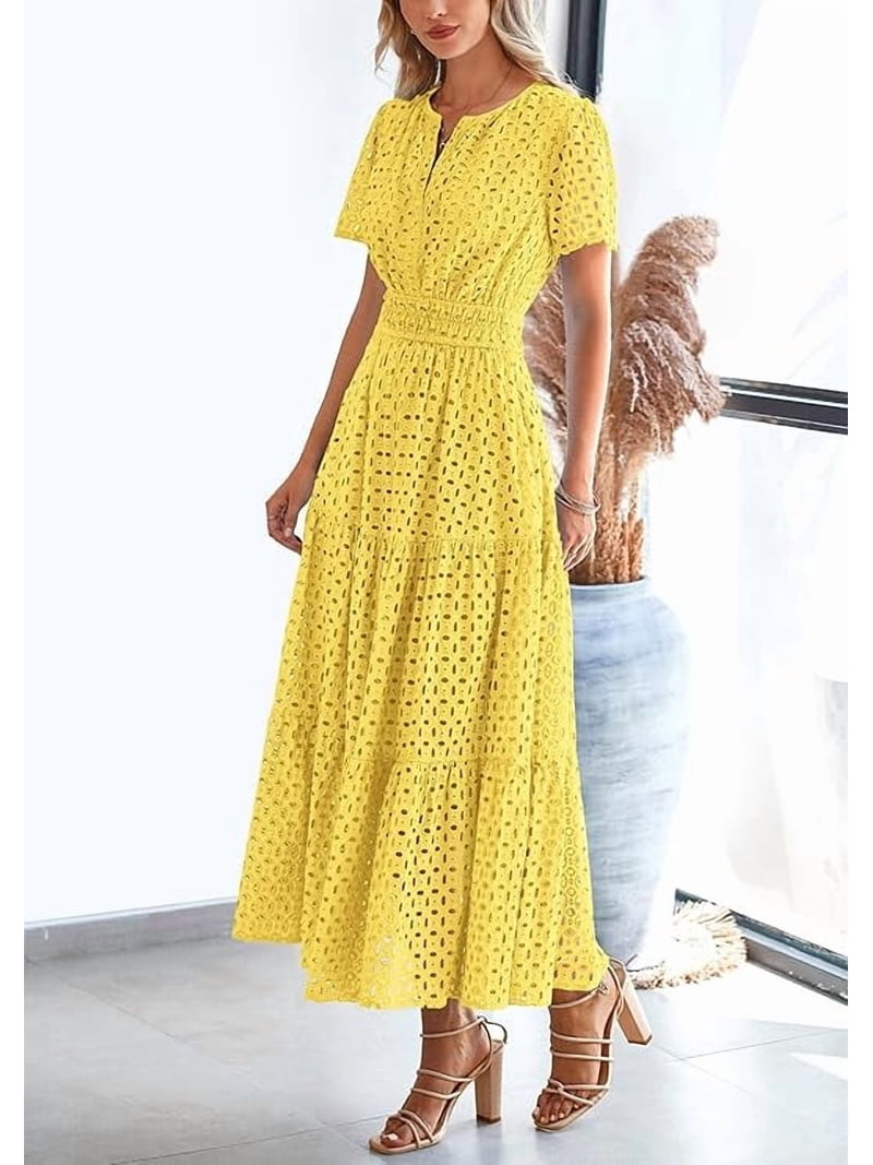 PRETTYGARDEN Womens Summer Maxi Dress Short Sleeve V Neck Hollow Out Eyelet  A Line Long Flowy Beach Vacation Dresses - Walmart.com