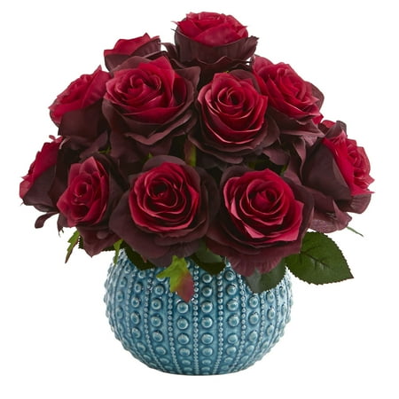 Nearly Natural 11.5 ft. ft. Rose Artificial Arrangement in Blue Ceramic Vase