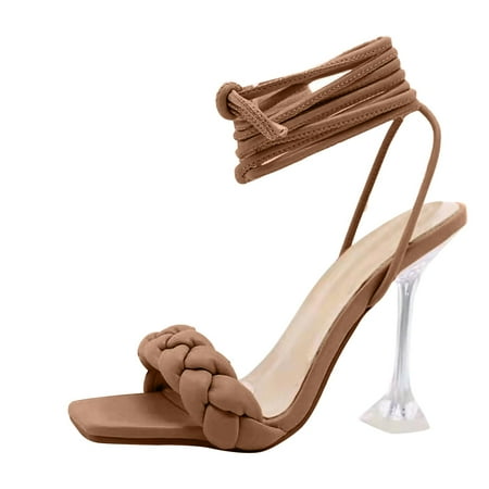 

Women s Lace Up Stilettos Open Toe Sandals Braided Square Toes Leather Comfortable Strappy Dress