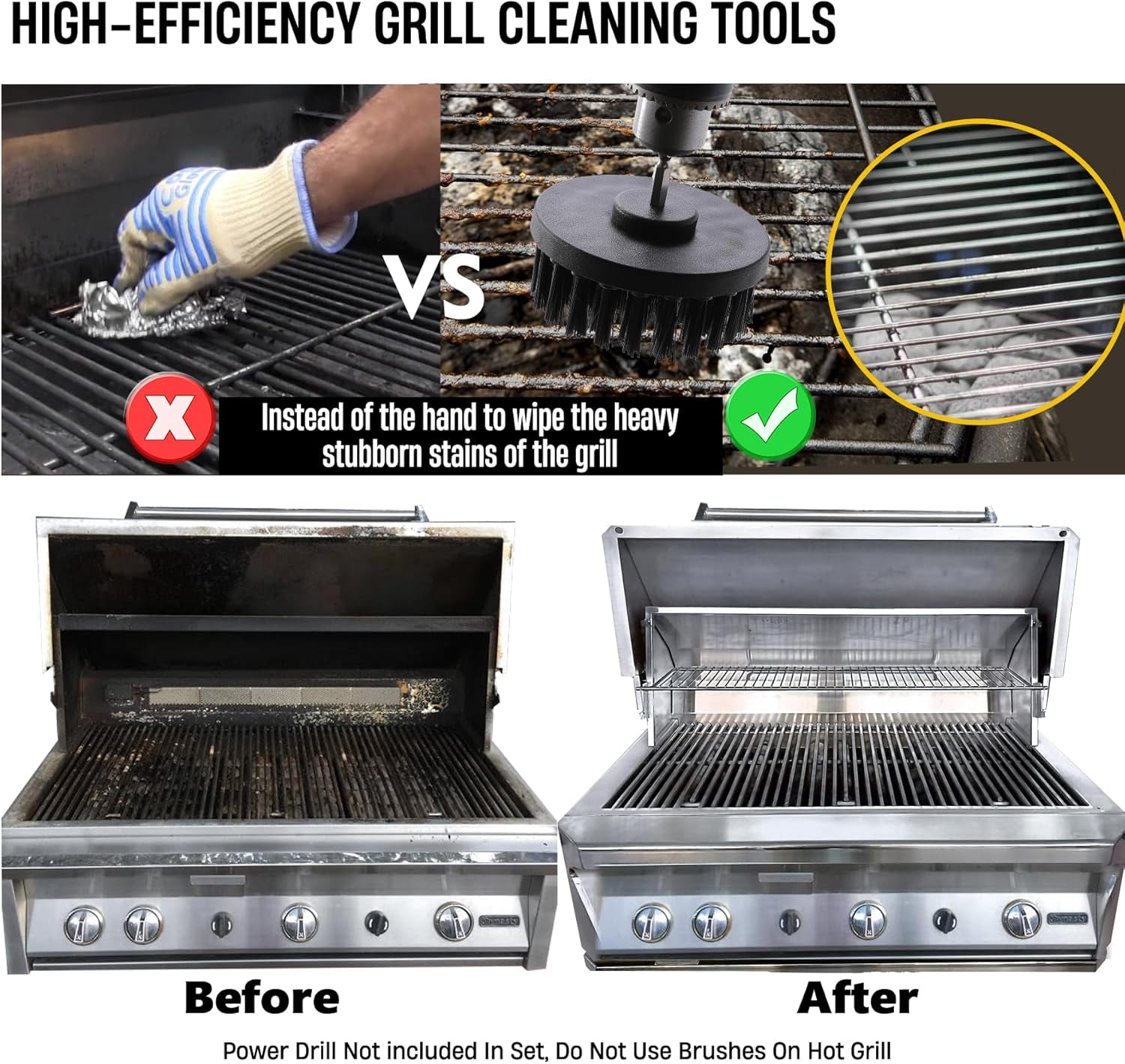 6 Piece BBQ Grill Cleaning Brush Ultra Stiff Drill Powered Brushes Nylon Safe Bristle Rust Remover Gift for Dad Cleaner Outdoor (Black)