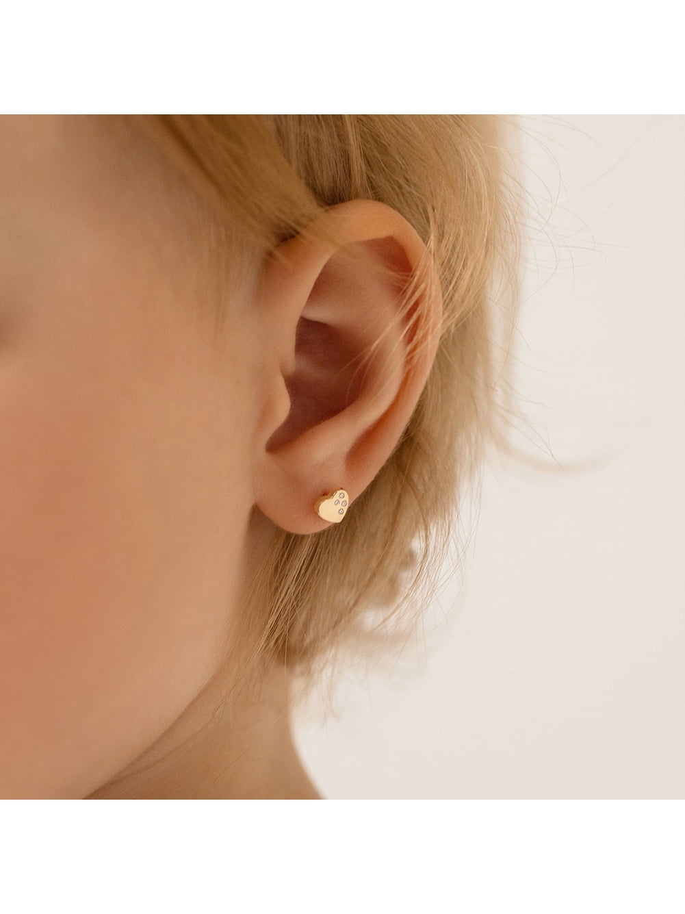 Sweet Heart Encrusted Clear Toddler Girls Earrings Safety Screw Back - 14k Gold
