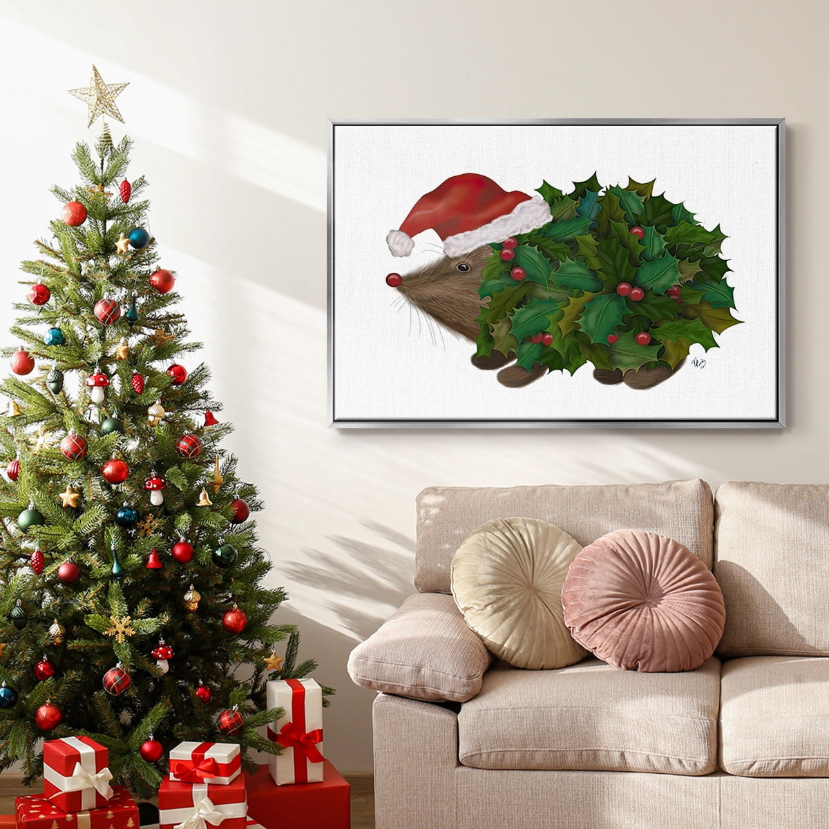 Christmas Holly Hedgehog - Framed Gallery Wrapped Holiday Canvas - 17 x 25 - Silver Frame