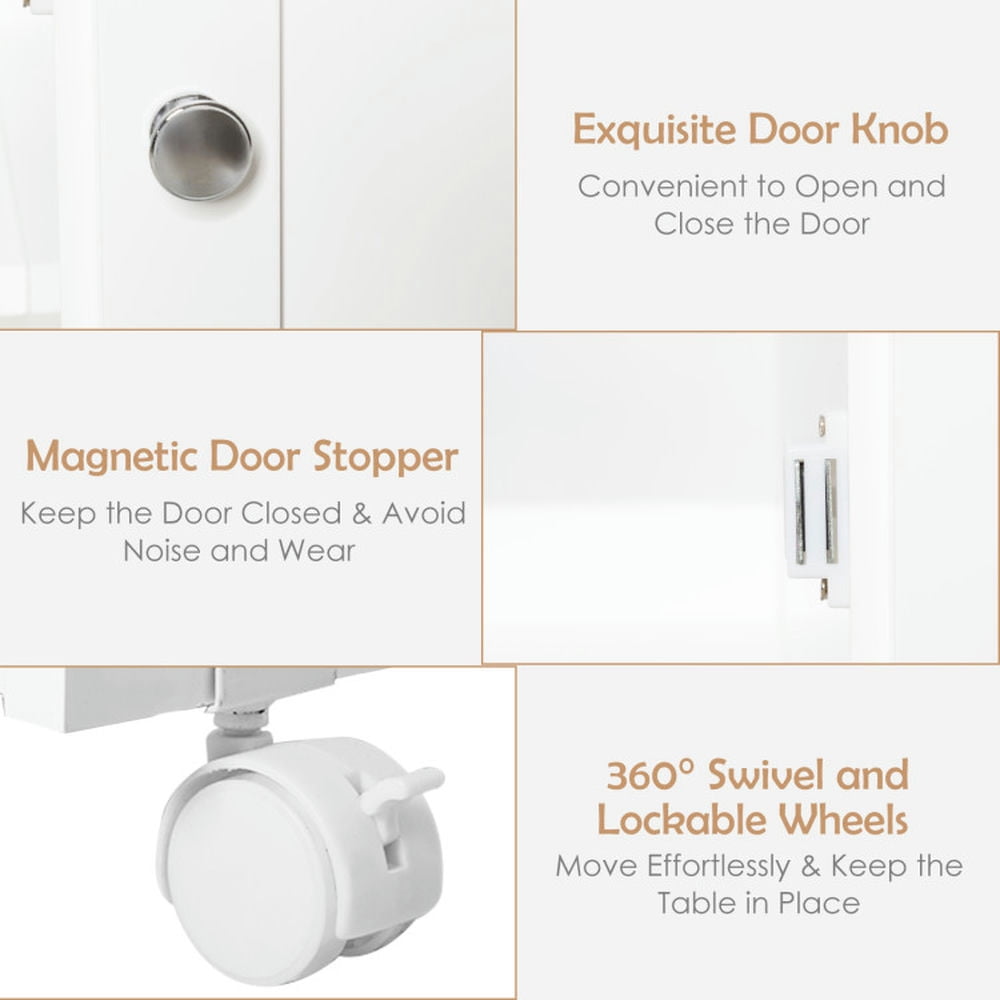 Demi Bonn Folding Sewing Table Shelves Storage Cabinet Craft Cart with Wheels, Small Home Office Desk Study Writing Table, White