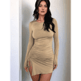 thumbnail image 4 of Vestido Corto de Punto Elástico, Ajustado, Fruncido, con Cordón Ajustable, Liso, de Otoño, Cuello Redondo, Larga Caqui XS, 4 of 7