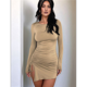 thumbnail image 4 of Vestido Corto de Punto Elástico, Ajustado, Fruncido, con Cordón Ajustable, Liso, de Otoño, Cuello Redondo, Larga Caqui XS, 4 of 7