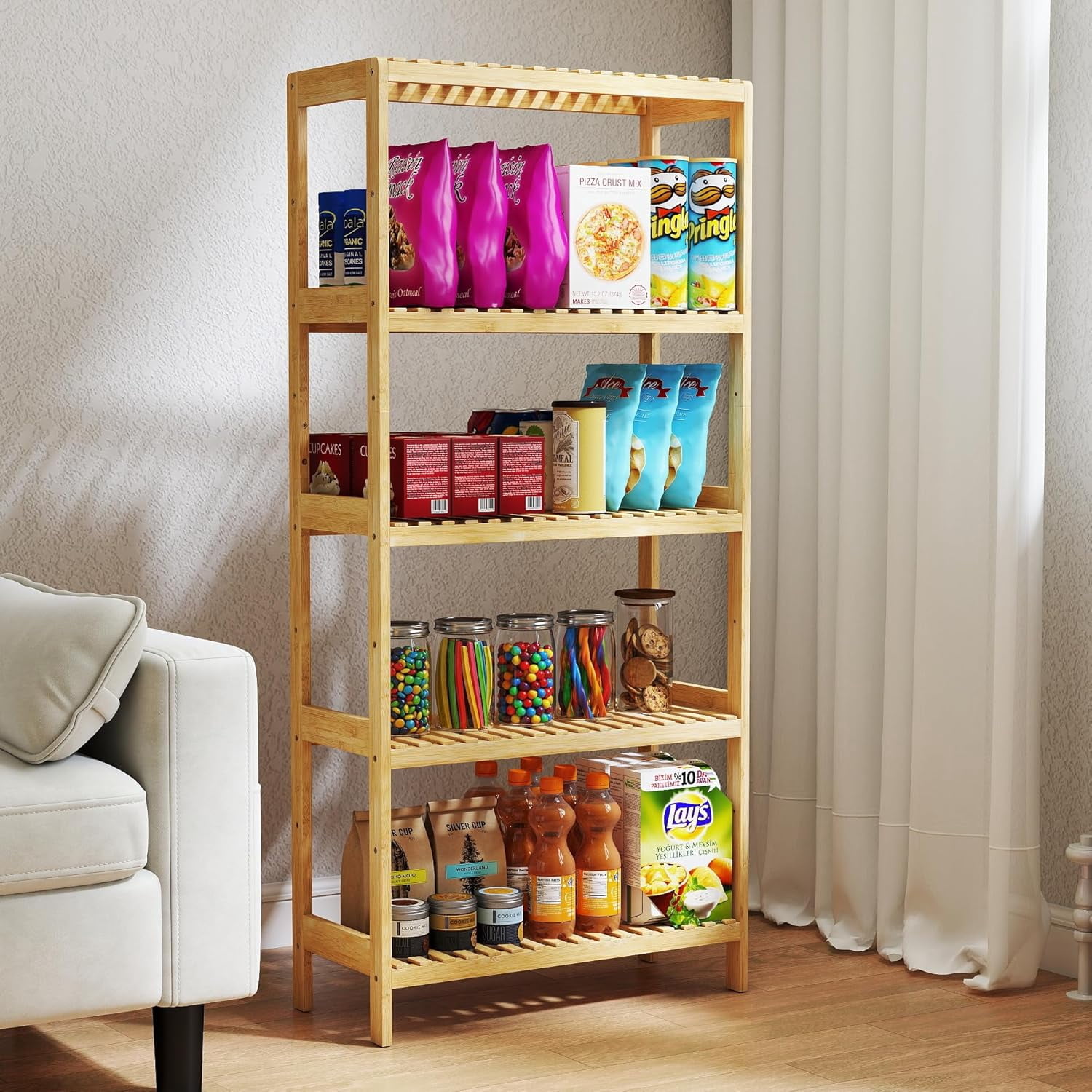 Bamboo54 Foldable Three-Tier Bamboo Shelving Unit, Tall Stand for  display picture 1