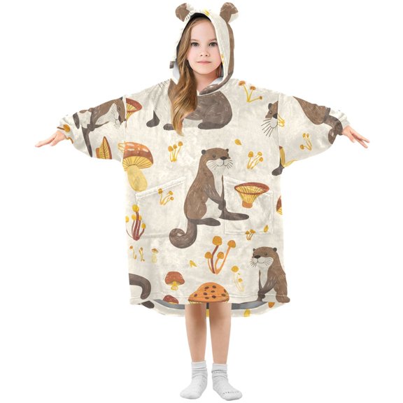 Otters Mushrooms Grass Flannel Wearable Blankets Hooded Design Long Sleeves Wrap Unisex for 3T-14Y S