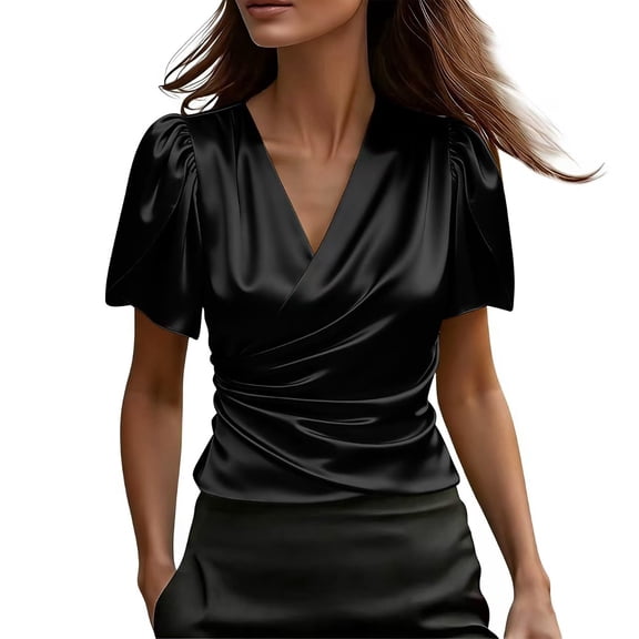 Sillenn Women's Satin V-Neck Blouse Puff Short Sleeve Wrap Front Ruched Waist Top Silky Slim Fit Elegant Satin Silk Shirt Dressy Casual Office Work Tops Trendy Going Out Cropped Blouses Black L