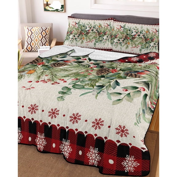 Christmas Eucalyptus Full Size Down Alternative Comforter, Lightweight Comforter Quilt Bedding Set with Pillow Shams Xmas Red Plaid Botanical Pine Cones All Seasons Bed Comforter Duvet Insert 78"x90"