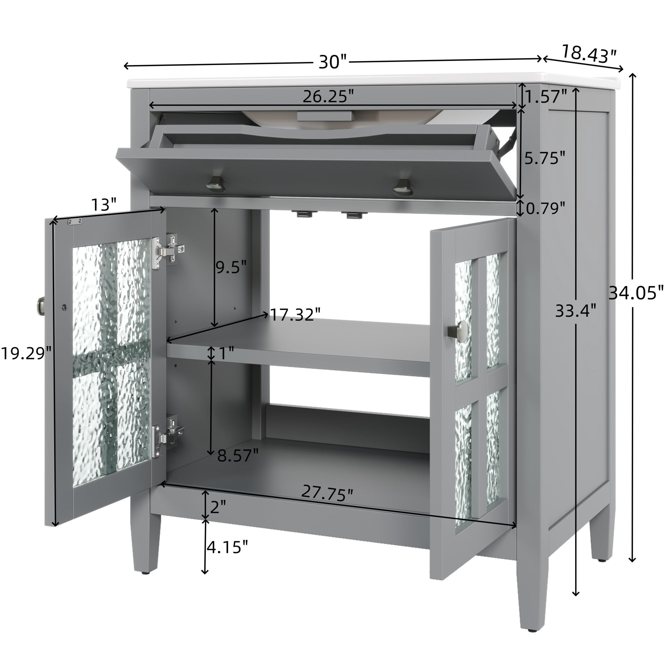 Christopher Knight Home 30" Bathroom Vanity with Sink, Glass Door, Tip-Out Tray, Solid Wood Legs, Grey