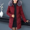 thumbnail image 5 of Winter Women Cotton Jacket with Furry Hood Neck Protection Plus Size Pockets Mid Length Zipper Closure Padded Coat Solid Color Windproof Outwear Parka, 5 of 8