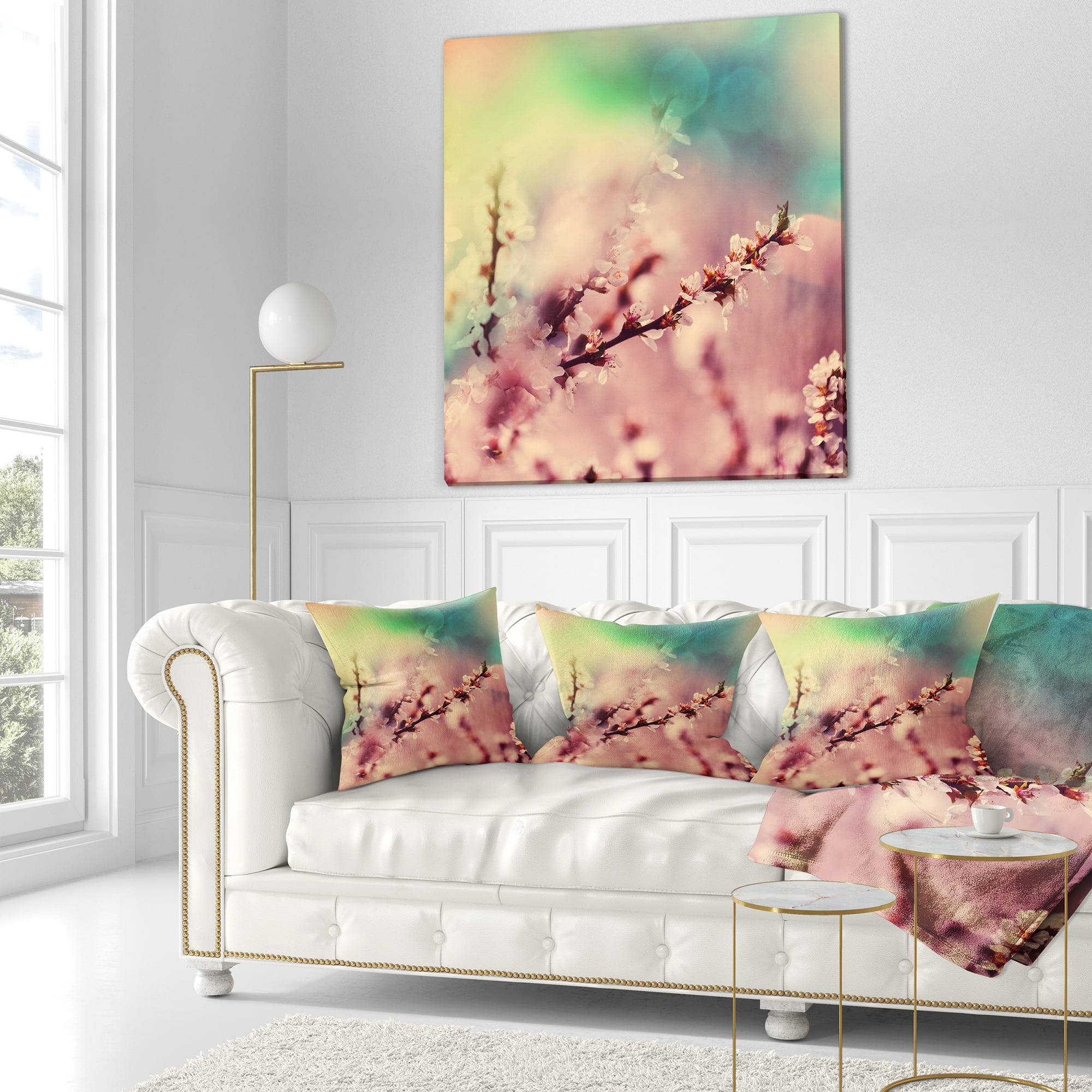 Designart Blossoming Pink Cherry Branches - Floral Throw Pillow - 18x18