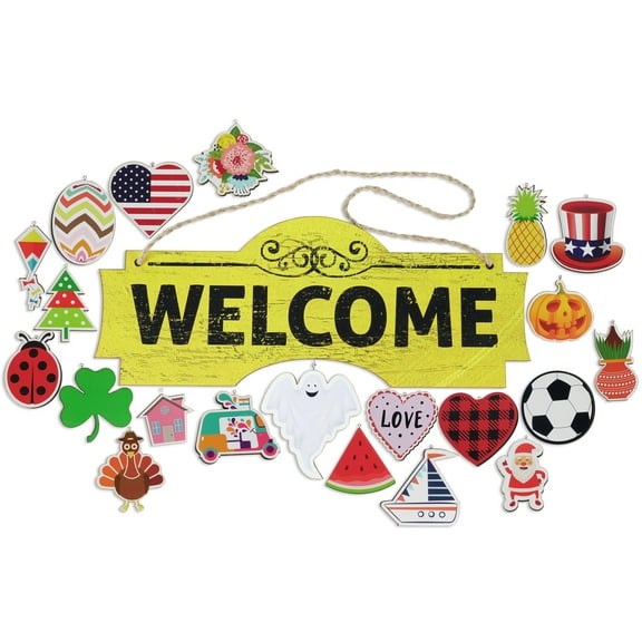 Inkdotpot Welcome Sign Front Door Decorations Hanging 20 Interchangeable Rustic Wood Seasonal Holiday Ornaments Housewarming Gift, Farmhouse Porch Decor- Wall Hanging 15" Inches