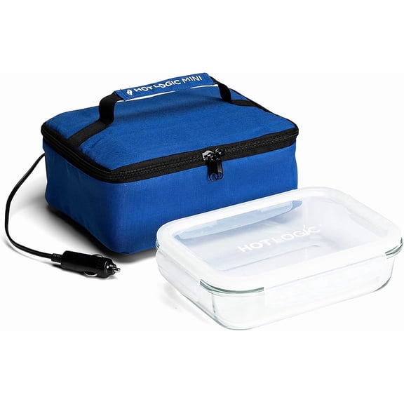 HOTLOGIC Food Warming Tote, Lunch Bag 12V with Glass Dish, Blue