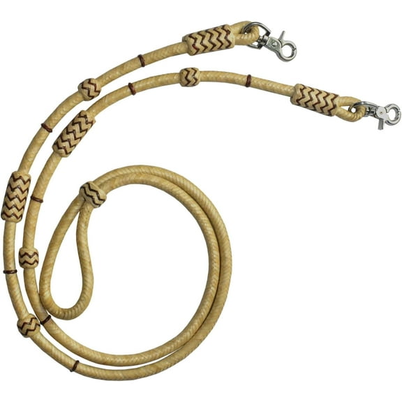 Handmade Western Roping Reins with Black Braided Knots – Nylon Rope & Rawhide Leather, 8.5 Ft Rein & 52" Romel