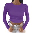 thumbnail image 1 of Gibobby Camisa&nbsp;Vaquera Camiseta umbilical corta de manga larga con cuello redondo y cordón Camiseta de mujer de color sólido a la moda（Morado， M), 1 of 4