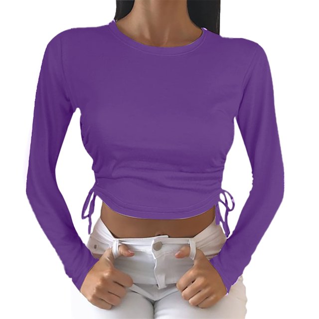 Gibobby Camisa Vaquera Camiseta umbilical corta de manga larga con cuello redondo y cordón Camiseta de mujer de color sólido a la moda(Morado, M)