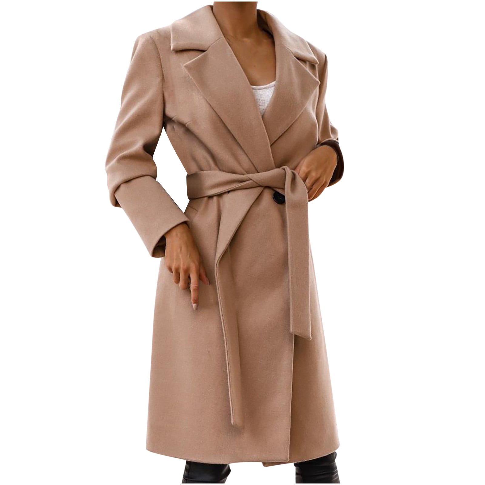 jsaierl Women Trench Coat Long Sleeve Pea Coat Open Front One Button Wool  Blend Solid Long Jacket Overcoat Outwear