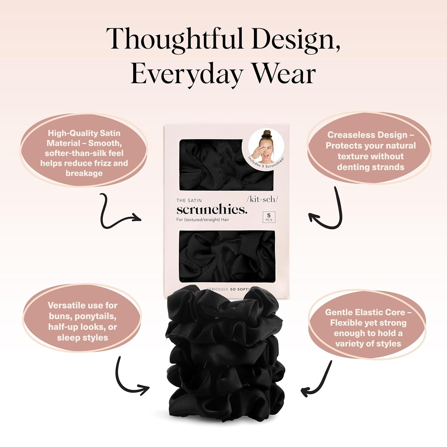 Satin Scrunchies for Women – No Crease Hair Ties – Soft Satin Hair Scrunchies for Girls – Frizz Free, Gentle, Stylish Hair Accessories | Ideal Gifts for Women – Black, 5 pcs