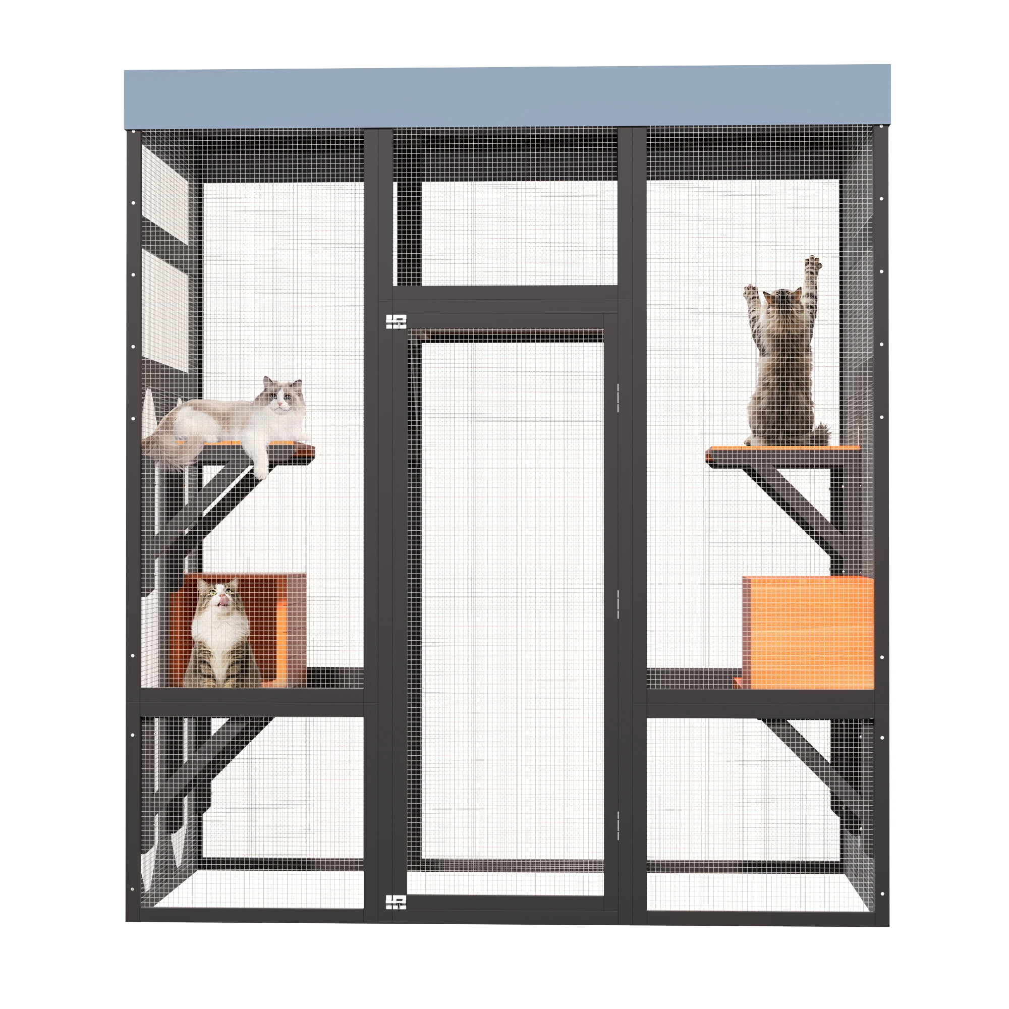 Kosynda Large Catio Outdoor Cat Enclosure with 5 Platforms, 2 Napping Houses, Wooden Cat House Kitty Cage with Weatherproof Roof for Multiple Cats, Black