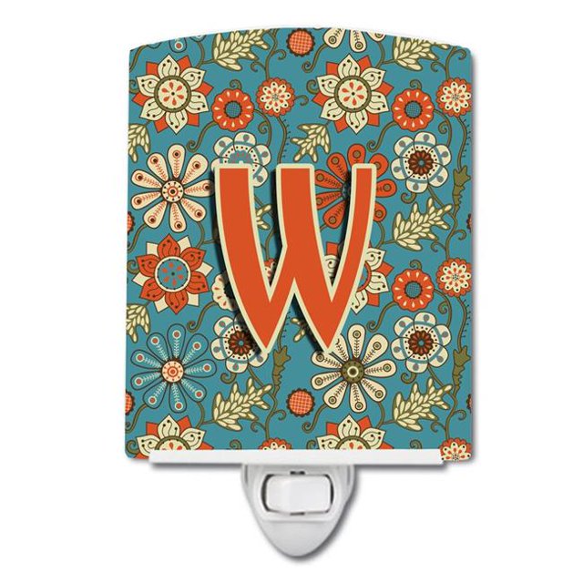 Carolines Treasures CJ2012-WCNL Letter W Flowers Retro Blue Ceramic Night Light