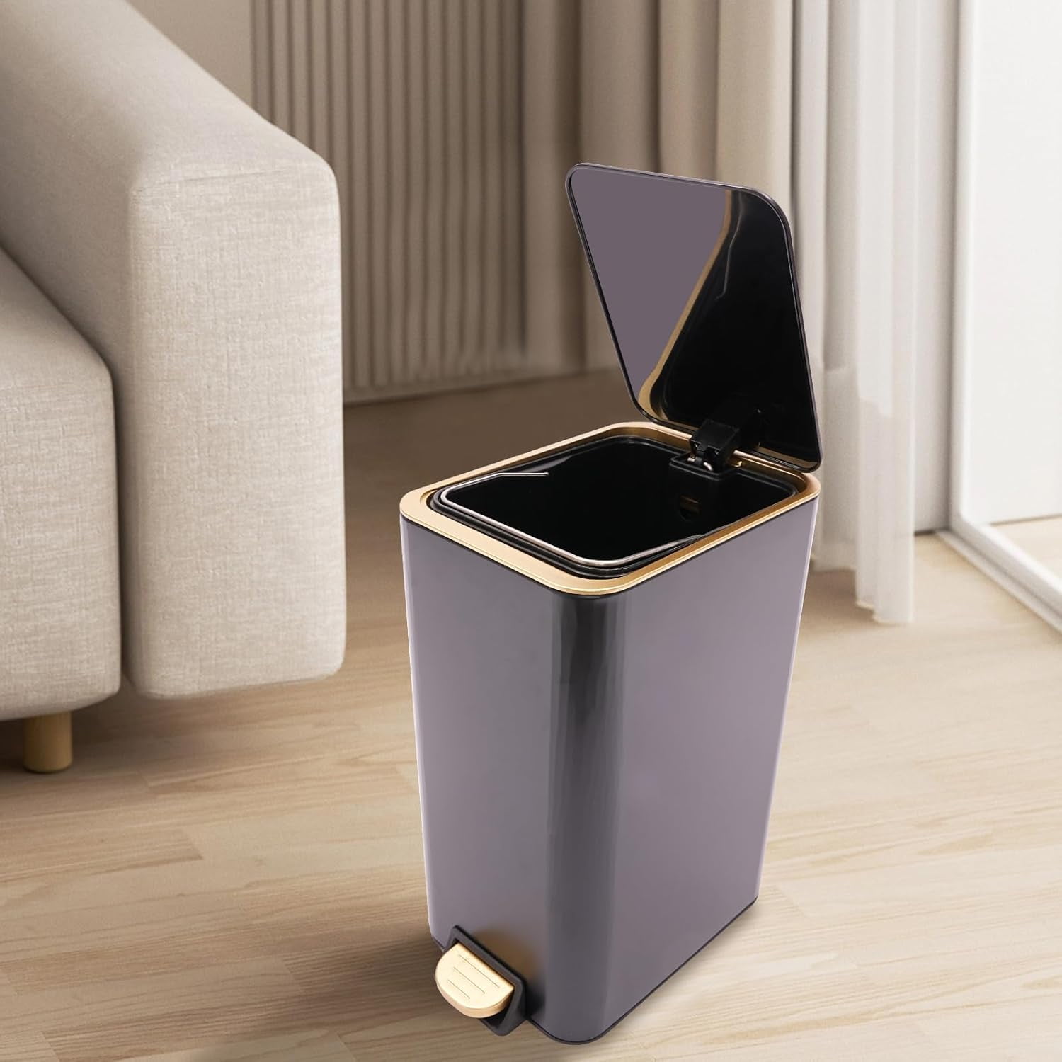 3.17 Gallon Step Trash Bin,Rectangular Garbage Can with Inner Bucket,Bathroom Trash Can with Lid Soft Close, Modern Design Trash Can for Kitchen, Bedroom, Living Room
