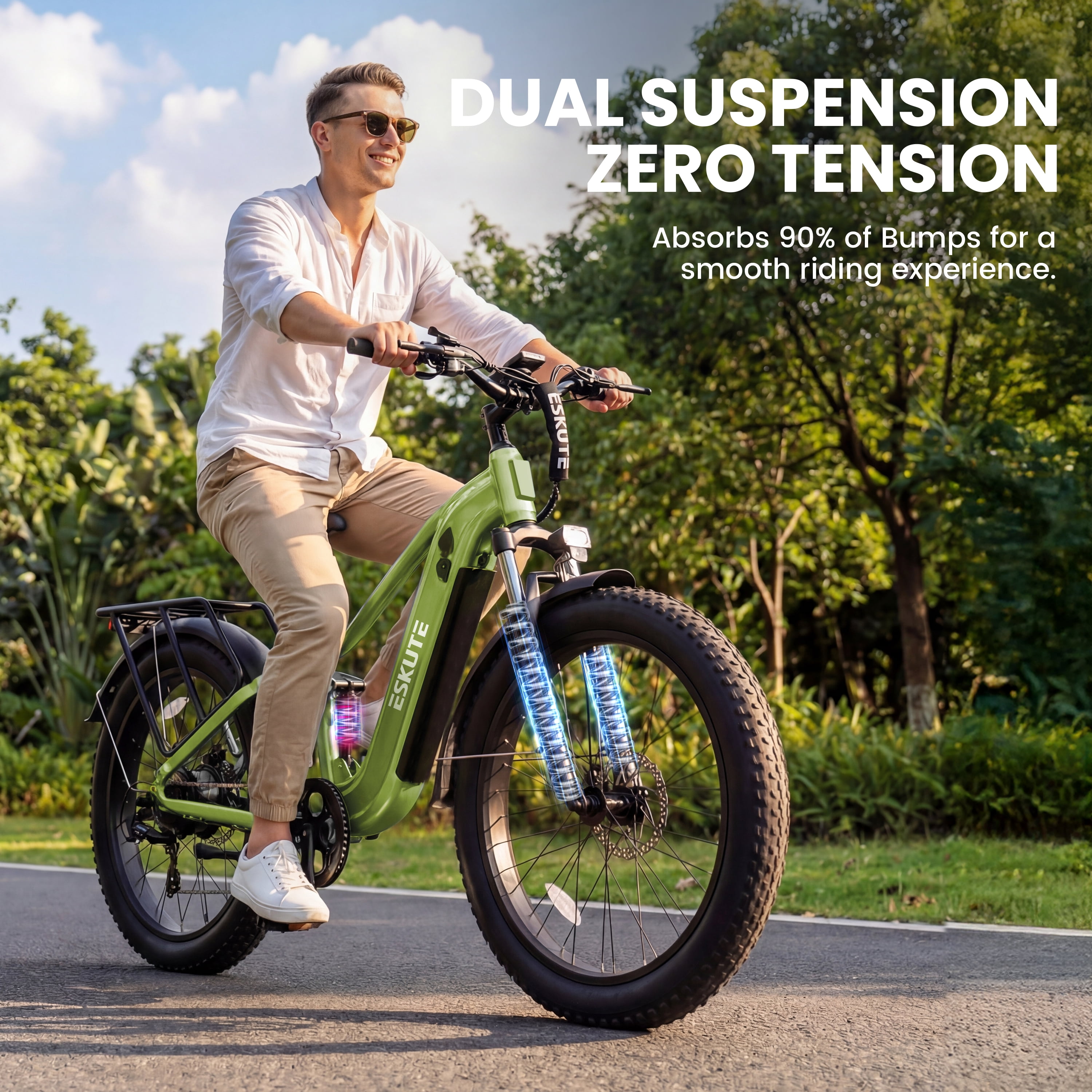 ESKUTE C300 Electric Bike for Adults, 1500W Peak Motor, 32MPH Fast Ebike, 48V 20.8Ah Battery Up to 80 Miles, 26"x4.0" Fat Tire, Full Suspension, 8-Speed Green, With Bag & Lock & Front Basket, UL2849