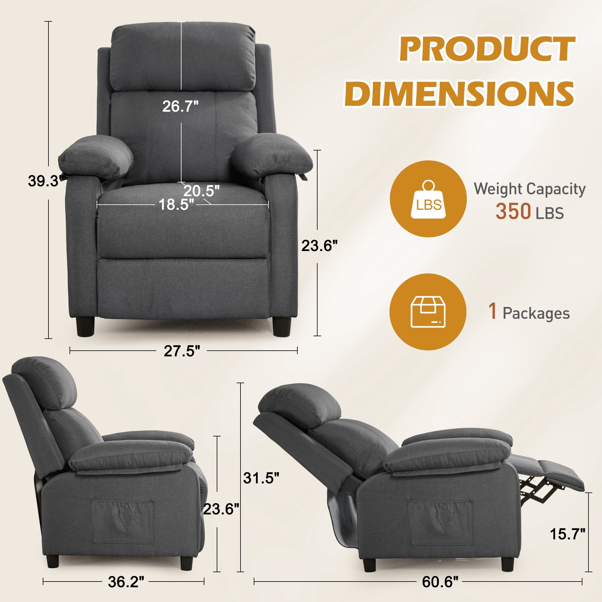 Korser Manual Push Back Recliner Chair with Side Pockets,Recliner Chairs for Adults for Living Room,Small Recliners for Small Spaces,Linen,Dark Grey