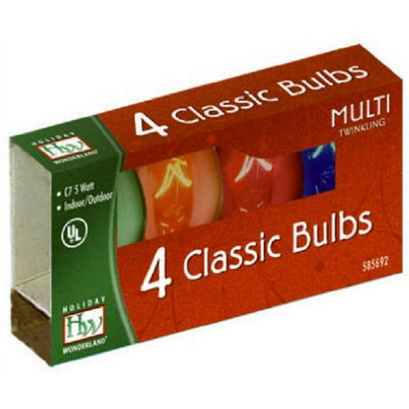 Holiday Wonderland 1047-88 4 Pack C7 Multi Transparent Twinkle Christmas Light Replacement Bulbs - Quantity of 25
