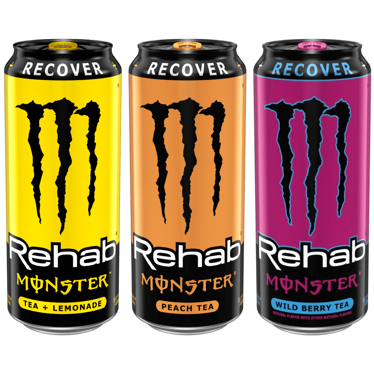 Monster Rehab Variety Pack, Lemon, Peach, Wild Berry Tea, 12 Count, 15.5 fl oz