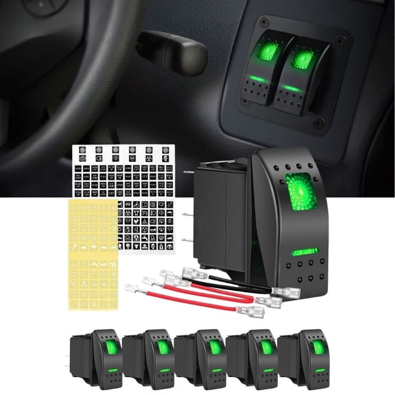 Waywe 6 Pack Rocker Switches with Night Glow Stickers 5 PIN SPST Rocker Switches with Green Backlit 12V 24V Toggle Switches for Cars Trucks RVs Boats Auto Motorcycles