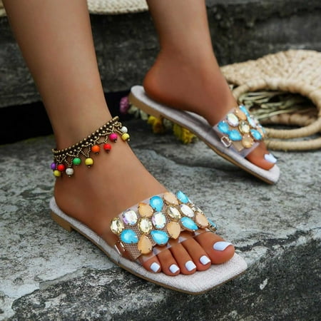 

Miluxas Rhinestone Sandals for Women Clearance Crystal Comfy Platform Sandal Shoes Summer Beach Travel Shoes Sandals Beige