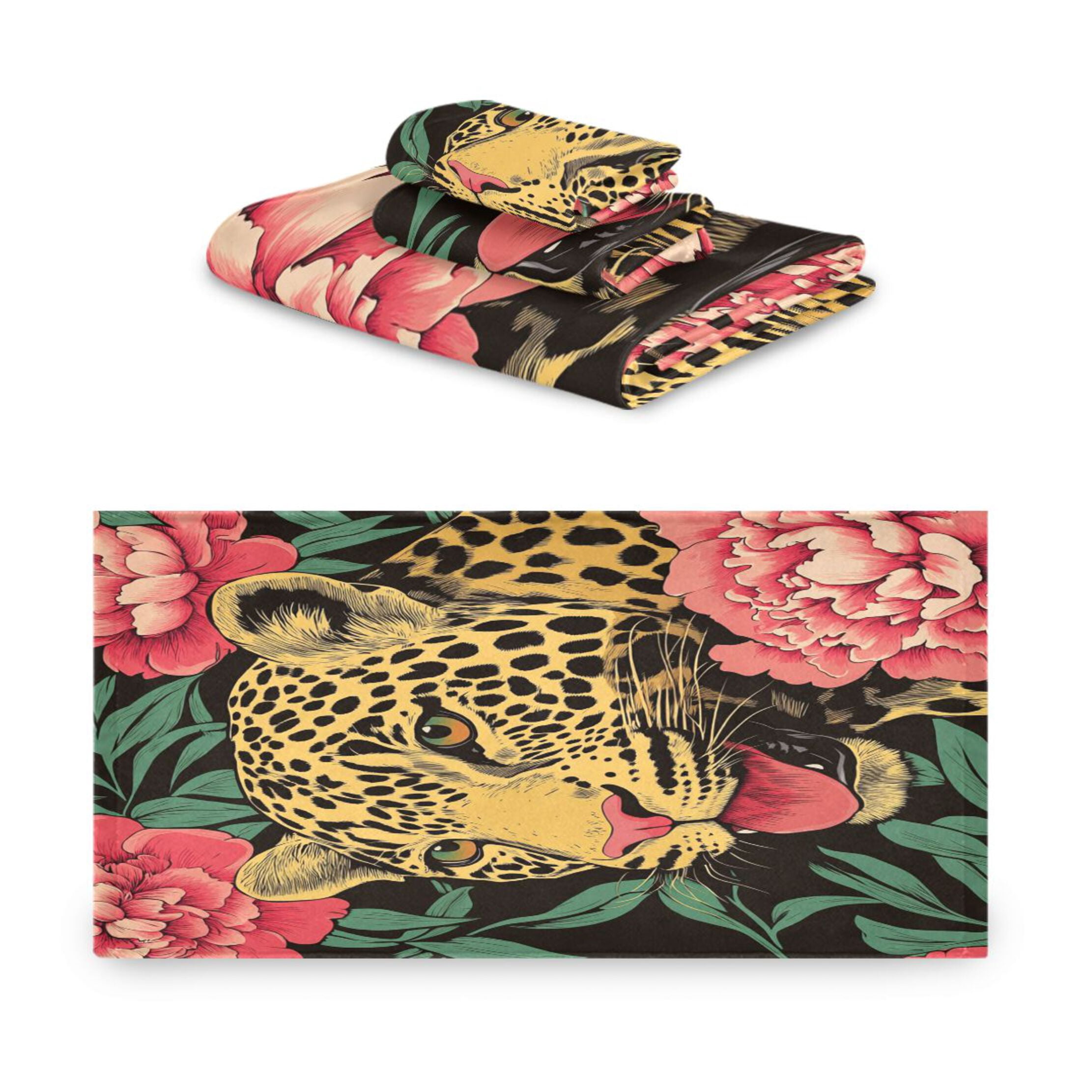 BZSMCE 3piece Bath Towel Sets Hand Bath Towels Fashion Leopard & Flowers Printed Towel Sets