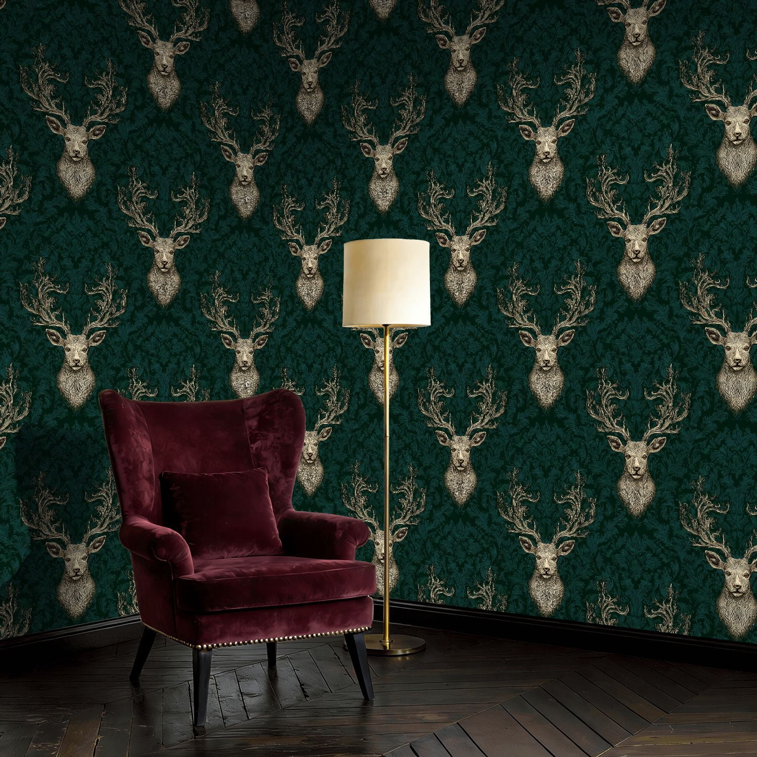 Peel and Stick Wallpaper Baroque Vintage Stag Head Damask Elegant Gold Green Wall Mural 17.7in x 9.8ft Self Adhesive Removable Wall Paper Renter Friendly Wallpaper for Nursery Bedroom Cabinets