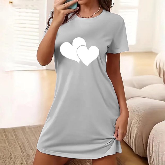 Xysaqa Cadeaux de la Saint-Valentin Chemises de Nuit pour Femmes Chemises de Nuit Douces Chemises de Nuit & Chemises de Nuit Imprimé Cœur Chemises de Nuit pour Femmes Robe de Pyjama Confortable Économies d'Été Gris L