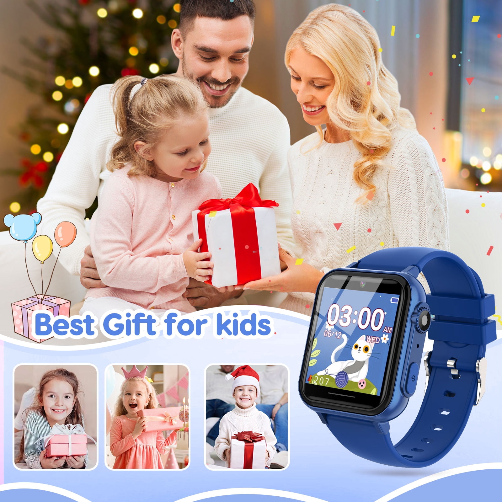 Eurhowing Kids Smart Watch Age 3-12, 31 Games, Learning Cards, HD Touch Screen, Camera, Music, Audiobook, Pedometer, Fun & Educational Birthday Gift Idea, Blue