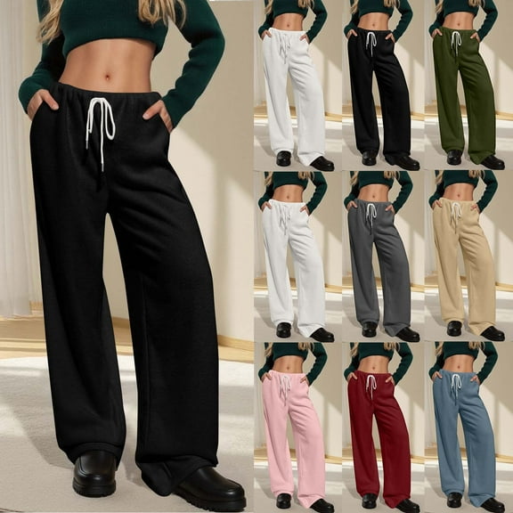 FRSASU Womens Sweatpants Wide Leg Solid High Waisted Lounge Pants Comfy Workout Drawstring Loose Pants with Pockets White XL(XL)