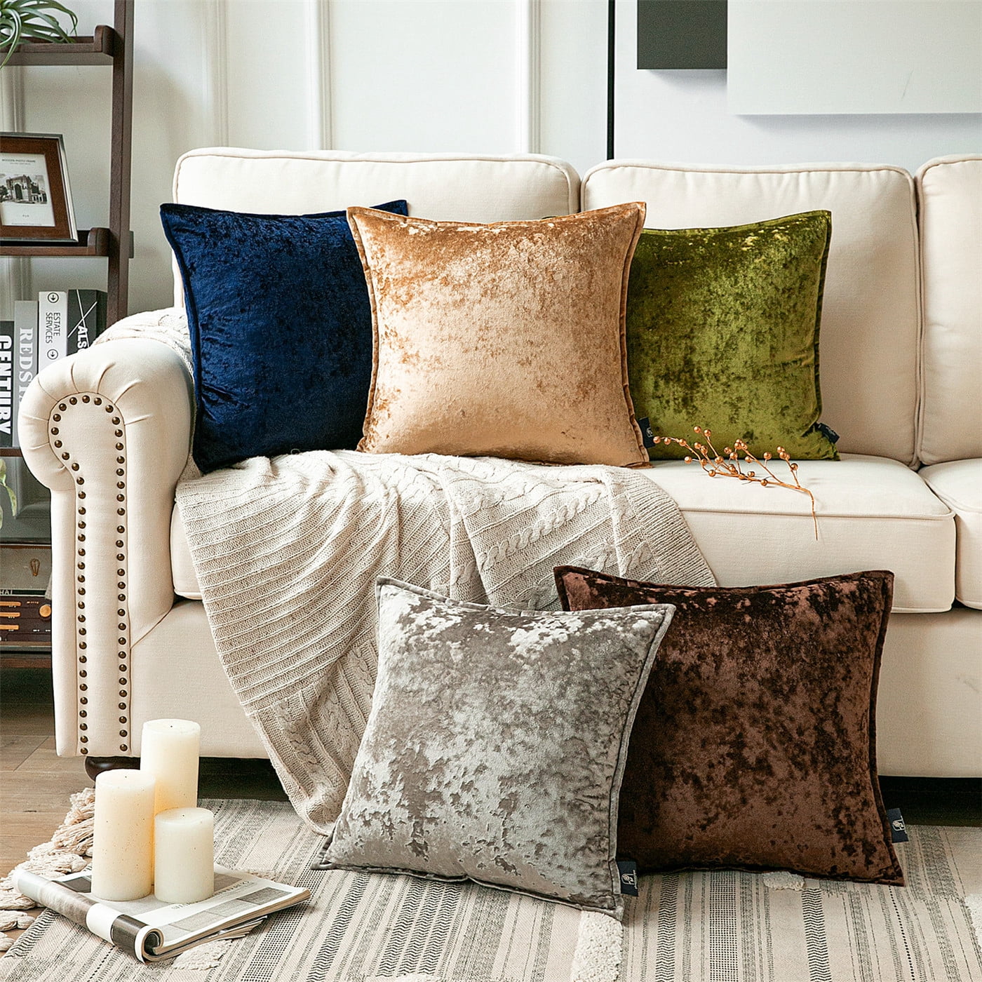 Phantoscope Shiny Crushed Velvet with Trim Series Decorative Throw Pillow, 18" x 18", Light Brown, 2 Pack