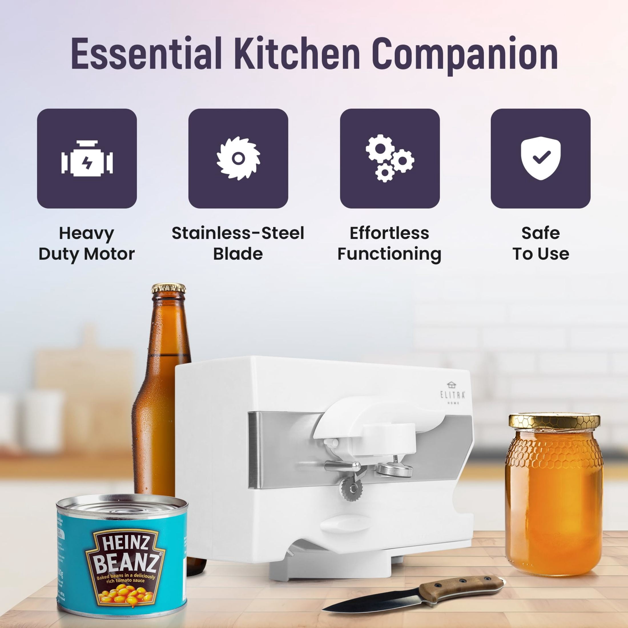 Elitra 4-in-1 Under the Cabinet Electric Can Opener - Space Saving Kitchen Appliance with Swing Grip, Magnetic Lid & Built-In Bottle & Jar Opener - Smooth Edge Can Opening Tool (White)