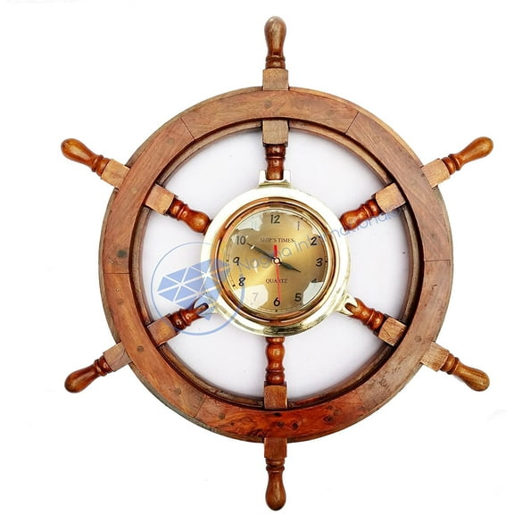 Nagina International Nautical Home Decorative Hand Craft Ship Wheel with Brass Numeral Porthole Style Clock - Pirate Nursery Ocean Beach Home Decor Gift