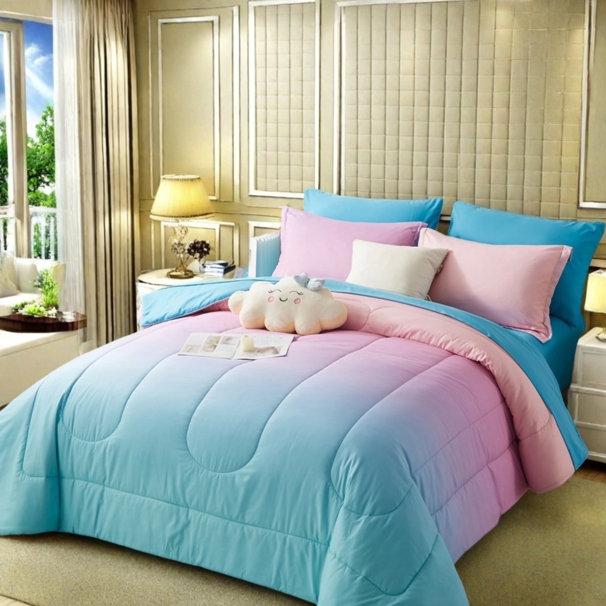 Davulos Girls Comforter Set Twin Size 5 Pieces Bed in a Bag,Rainbow Ombre Bedding Collections Microfiber Comforter Set with Sheet for Teen Women