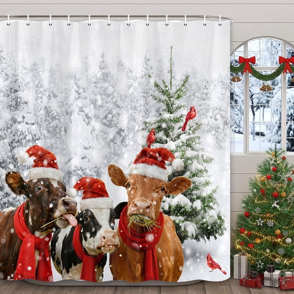 Winter Christmas Shower Curtain Set, Natural Winter Forest Snowflake Christmas Shower Curtain for Bathroom, Funny Cute Cows Christmas Bathroom Decor Waterproof Fabric Bathtub Sets with Hooks,70X70IN