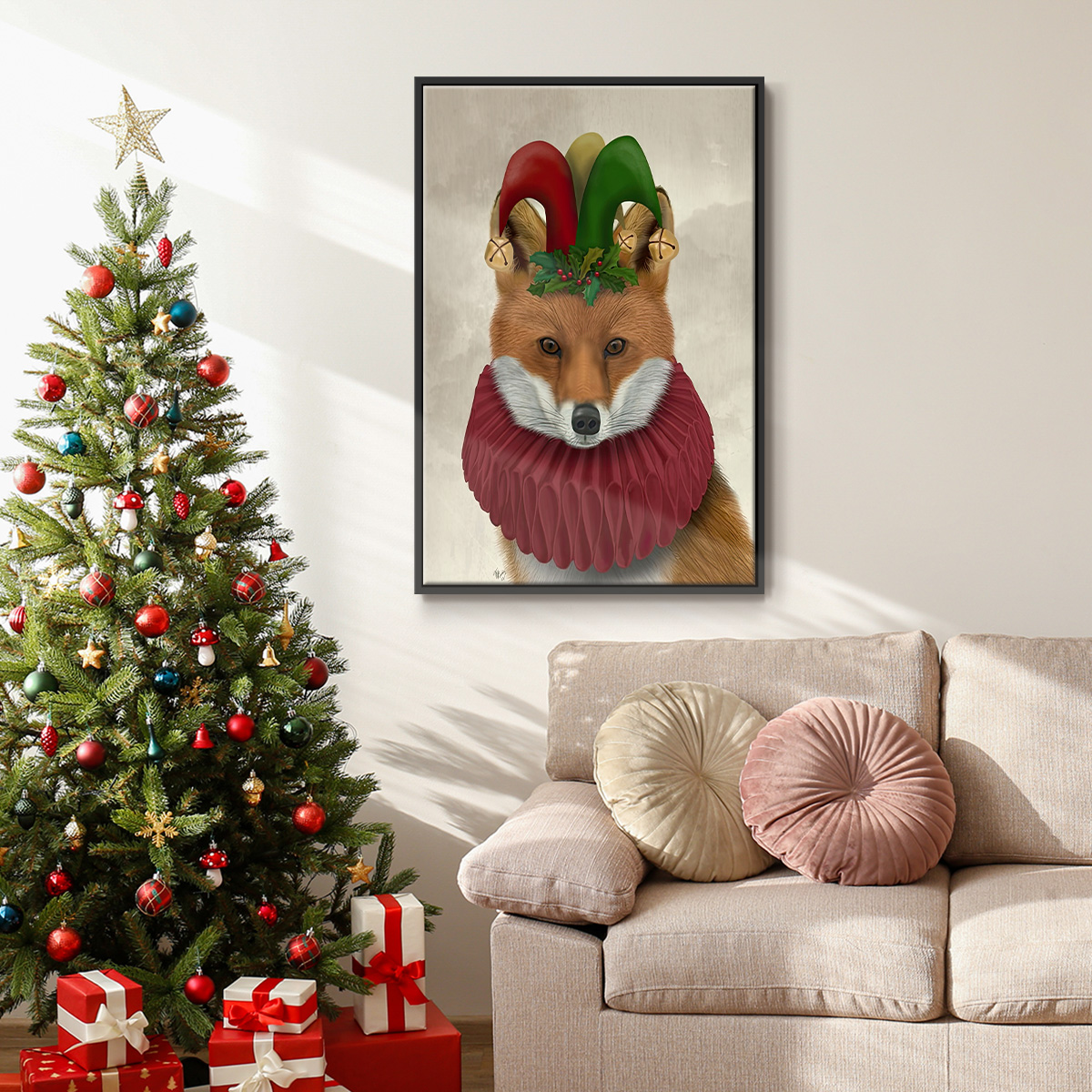Christmas Foxy Christmas Fool - Framed Gallery Wrapped Holiday Canvas - 25 x 37 - Black Frame