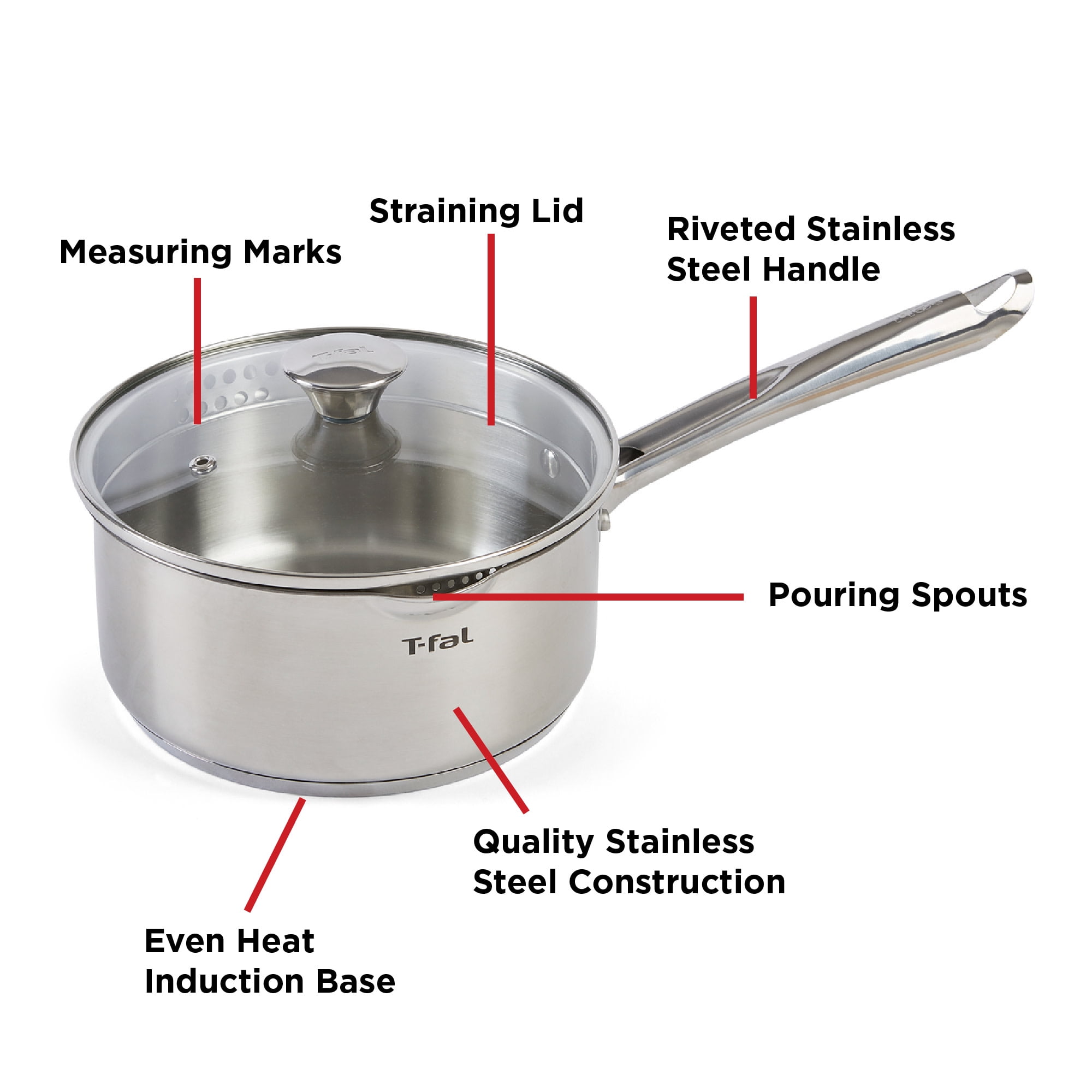 TWO T-fal expert stainless steel 3 qt covered saucepan with straining lid -  new