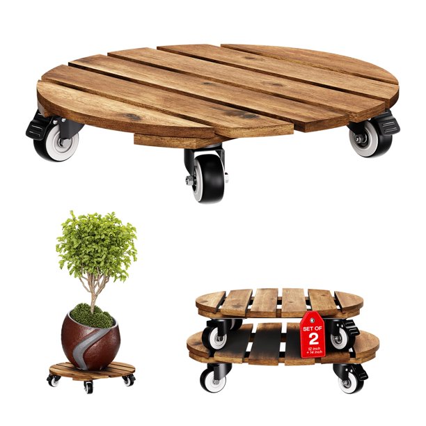 Idzo Combo Macetero redondo rodante de madera de acacia de 12 y 14 pulgadas para macetas Soporte para plantas resistente con ruedas bloqueables 360 Carrito de capacidad de 264 libras para uso en inter