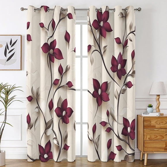 Blackout Curtains Burgundy Floral, Botanical Window Drapes for Bedroom Living Room Kitchen 26"W x 45"L (Pack of 2)