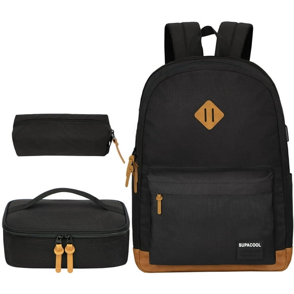 SUPACOOL Casual Laptop Backpack Lunch bag Pencil bag School backpack with USB Port for Men and Women Bookbag for Boys and Girls Backpack Set(3PCS Black)