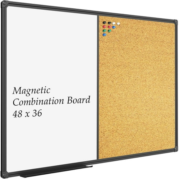 White Board & Bulletin Corkboard Combination, Combo Board 48 x 36 Magnetic Whiteboard, Black Aluminum Frame Wall Mounted Board for Office Home and School with 10 Push Pins